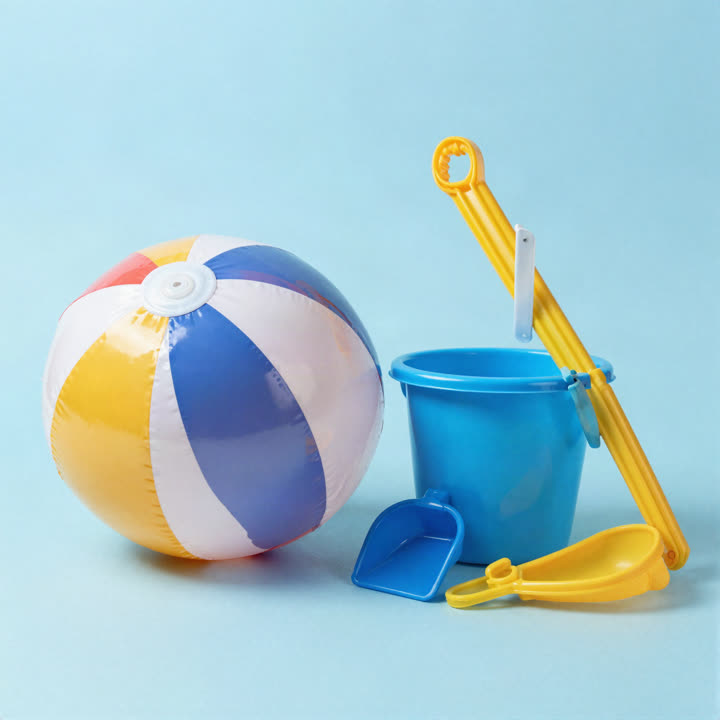 Pelota de playa, balde y pala