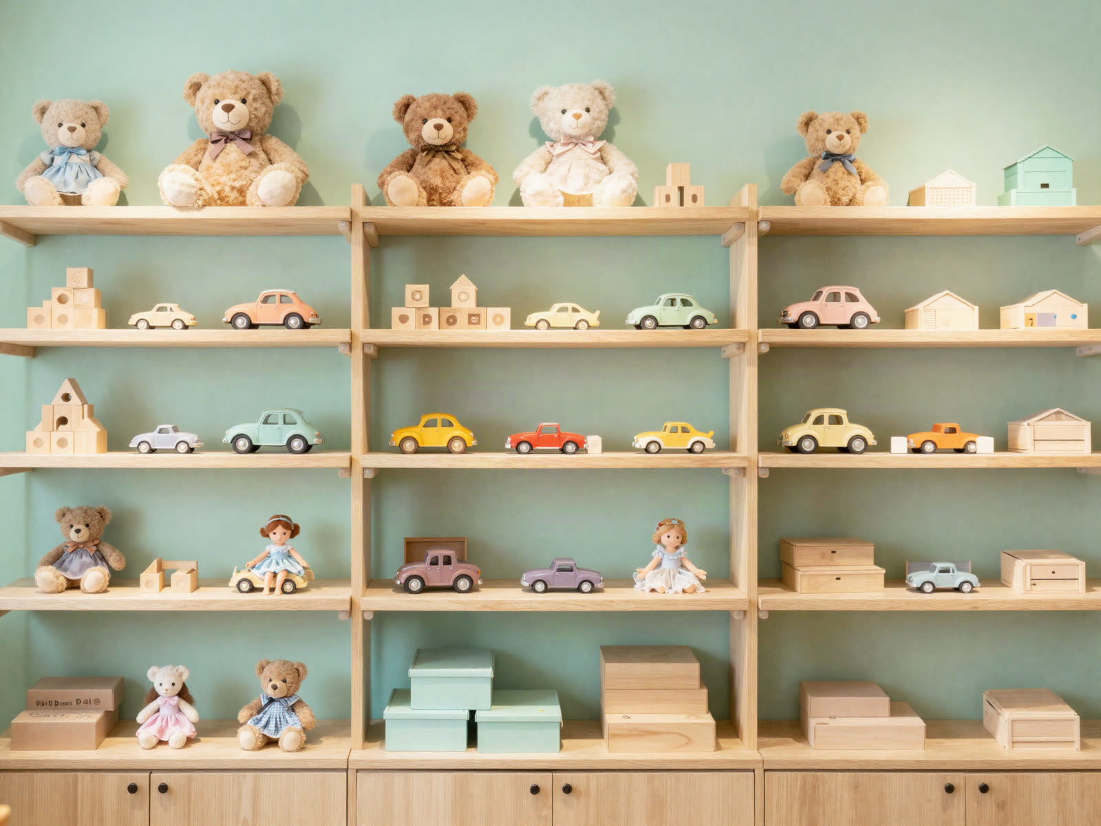 Repisas de madera con peluches, autos, bloques y muñecas sobre una pared verde menta